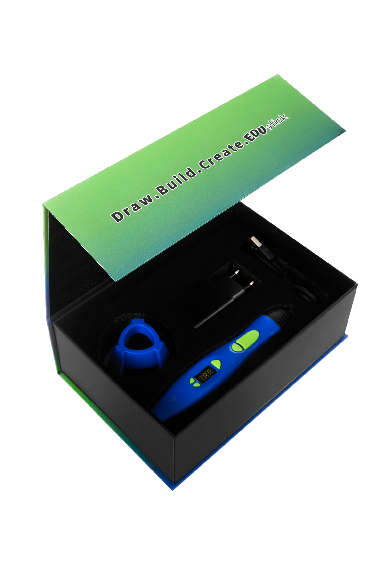 EDUstick SOLO 3D pen box contents — pen, stand, stencils, filament starter set
Child using EDUstick SOLO 3D pen, EN71 certified, parental lock, Draw.Build.Create