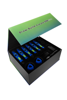 EDUstick Co-LAB in royal blue, open rigid box with 6 pens and accessories — complete 3D pen set for classroom