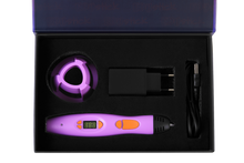EDUstick SOLO 3D pen box contents — pen, stand, stencils, filament starter set
Child using, EN71 certified, parental lock power adapter and USB-C cable included