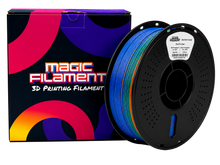 Magic Filament PLA Tri-color Silk filament 1.75mm in blue-green-orange — three-color gradient shift on single-extruder printers — 1kg vacuum-sealed spool, RoHS & REACH certified