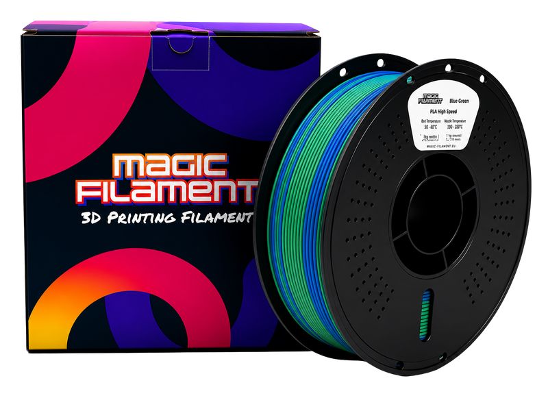 Magic Filament PLA Silk Dual filament 1.75mm in blue-green — color-shift spool with product box — dual-color effect on single-extruder printers
