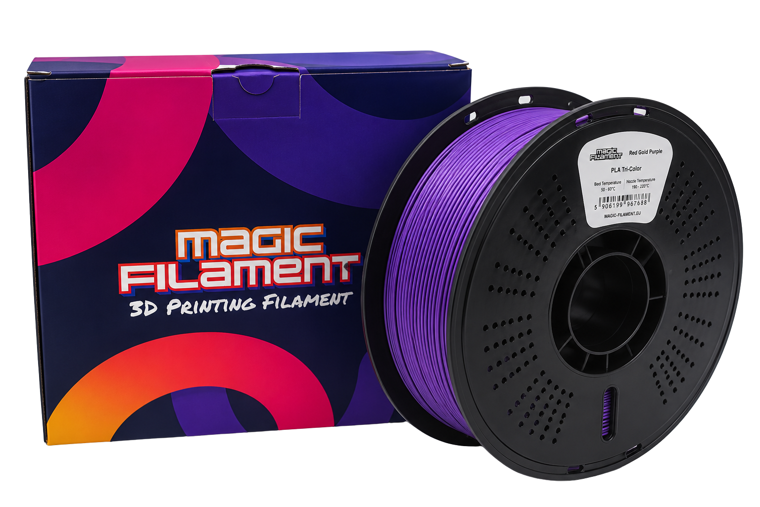 Magic Filament PLA Tri-color Silk filament 1.75mm in red-gold-purple — three-color gradient shift on single-extruder printers — 1kg vacuum-sealed spool, RoHS & REACH certified