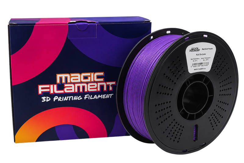 Magic Filament PLA Tri-color Silk filament 1.75mm in red-gold-purple — three-color gradient shift on single-extruder printers — 1kg vacuum-sealed spool, RoHS & REACH certified